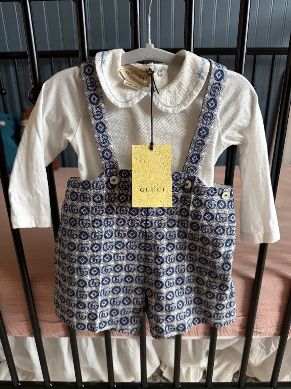 Gucci Baby GG Suspender Overall & Embroidered Collar Bodysuit Set 6-9M